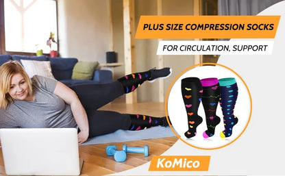 2XL-4XL Plus Size Compression Socks for Women Men 20-30 mmHg Wide Calf Extra Large Knee High Flight Sock for Circulation Support