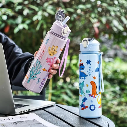 750ml Dinosaur Water Bottle For Kids Water Sippy Cup With Silicone Straw Leakproof Plastic Water Bottles Summer Kids Water Cup