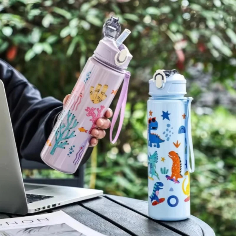 750ml Dinosaur Water Bottle For Kids Water Sippy Cup With Silicone Straw Leakproof Plastic Water Bottles Summer Kids Water Cup